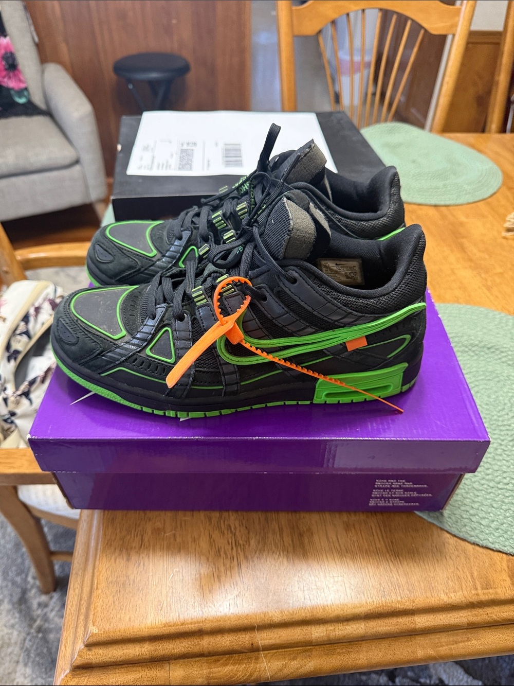 Off-White Men’s Black and Neon Green Athletic Sneakers with Orange Zip Tie